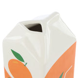 This orange juice vase is crafted from ceramic in the shape of a juice carton with a fun orange print